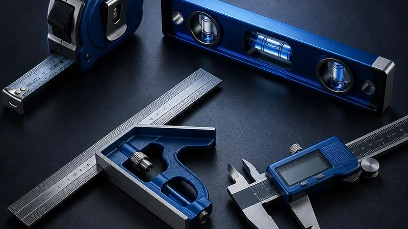 Instruments de mesure bleus et gris posés sur un plan sombre : niveau à bulle, équerre combinée et pied à coulisse numérique.