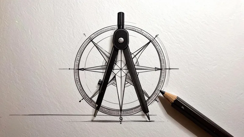 Un compas noir dessiné au centre d'une rose des vents tracée au crayon sur une feuille.