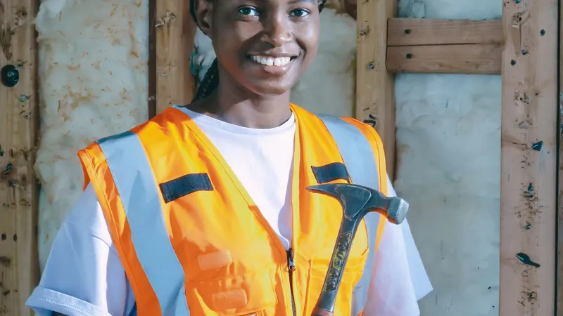 Une ouvrière souriante en gilet de sécurité orange tient un marteau sur un chantier.