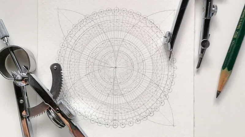 Une rosace géométrique tracée au compas sur une feuille, compas et crayons posés tout autour.