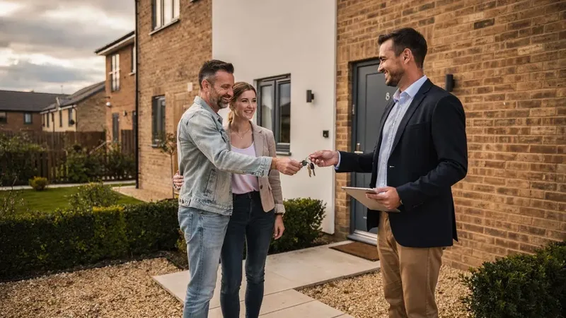 Un agent remet les clés à un couple devant leur maison en brique, poignée de main sur le pas de la porte.